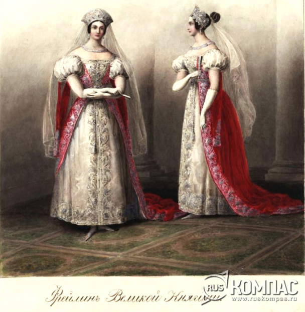 У фрейлин великих княгинь, как и у фрейлин царицы, парадные платья малиновые, но с серебряным шитьем
